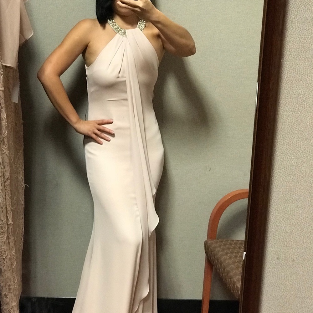 Calvin Klien Blush Pink Beaded Halter Drape Gown